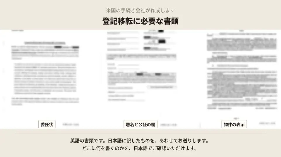 登記移転に必要な書類。委任状など、公証を受けていただく書類の見本。