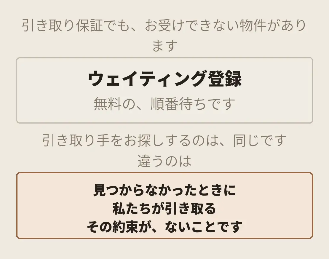 引き取り手をお探しするのは、同じです。違うのは、見つからなかったときに私たちが引き取る、その約束が、ないことです。