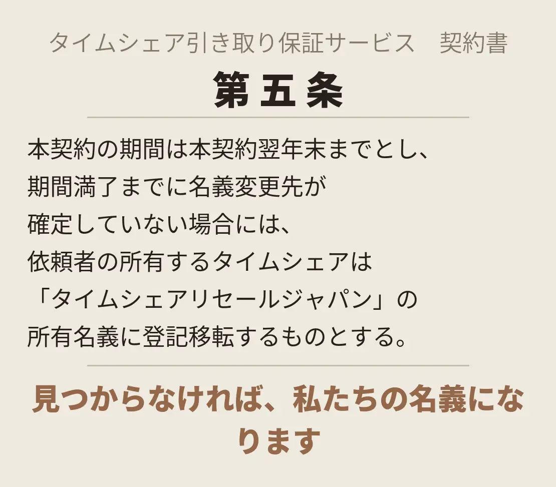 契約書の第五条。期間満了までに名義変更先が確定していない場合、タイムシェアリセールジャパンの所有名義に登記移転するものとする。